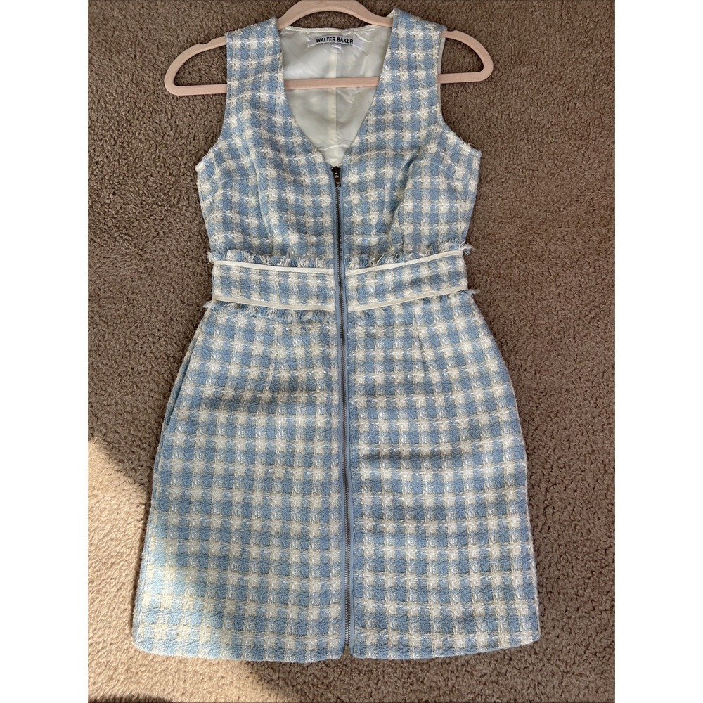 Walter Baker Sheath Mini Baby Blue Check Print Tweed Dress 0 Front Zipper Pocket
